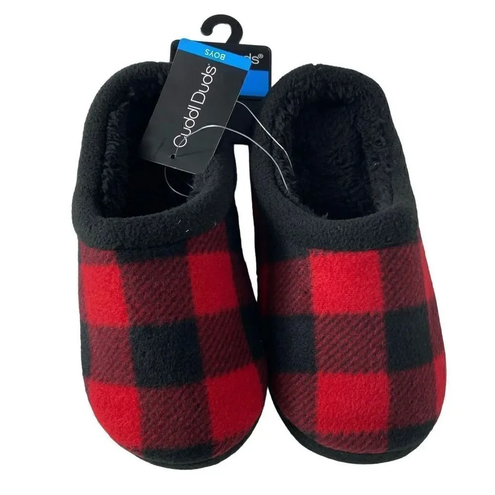 Cuddl Duds BOYS MEDIUM (3-4) Fleece Clog Slippers IN RED PLAID